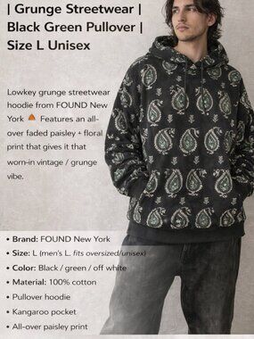 FOUND Paisley Hoodie Grunge Streetwear Black Green Pullover Size L Unisex